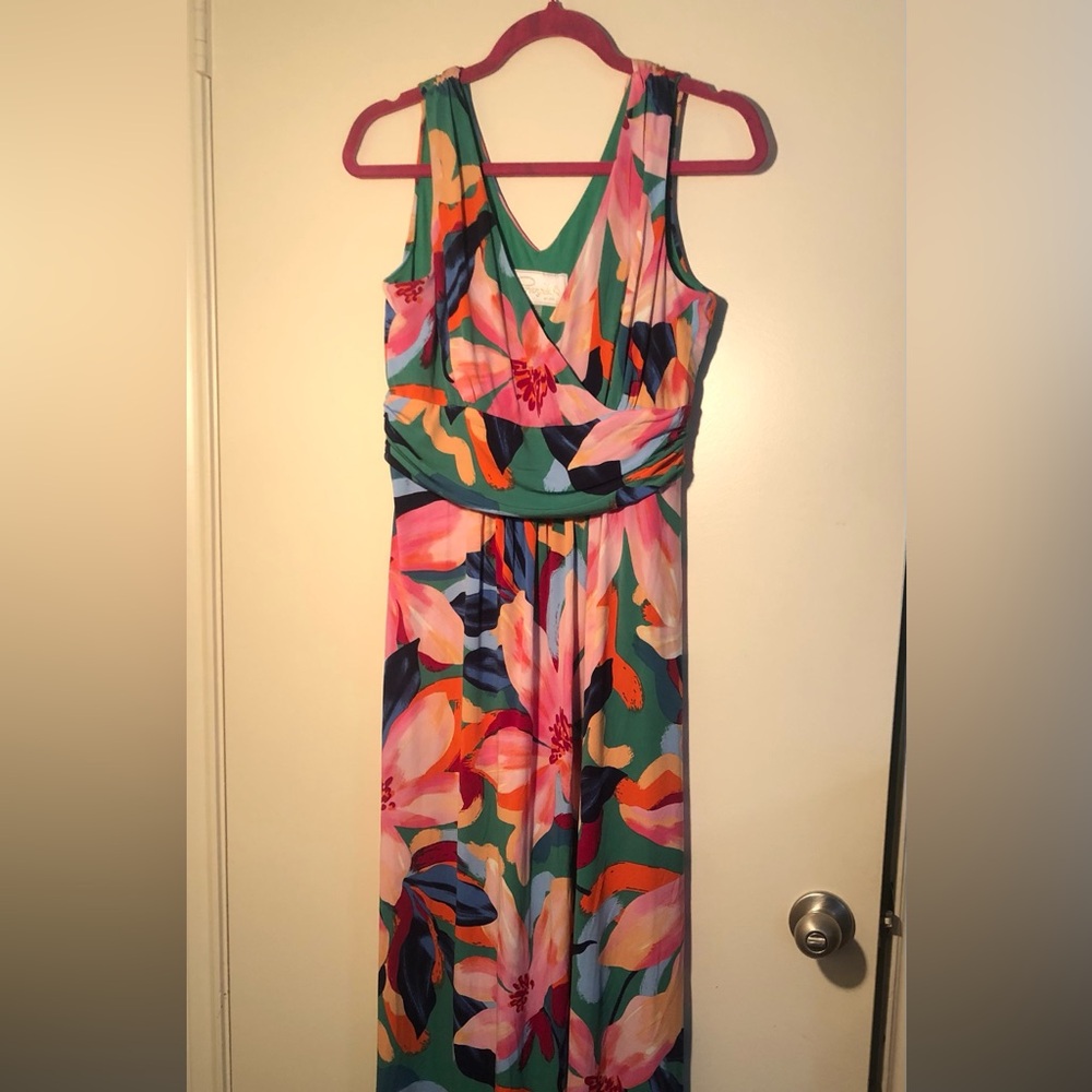 CAPPAGALLO Women Small Green Pink Floral Printed Sleeveless V-Neck Dress